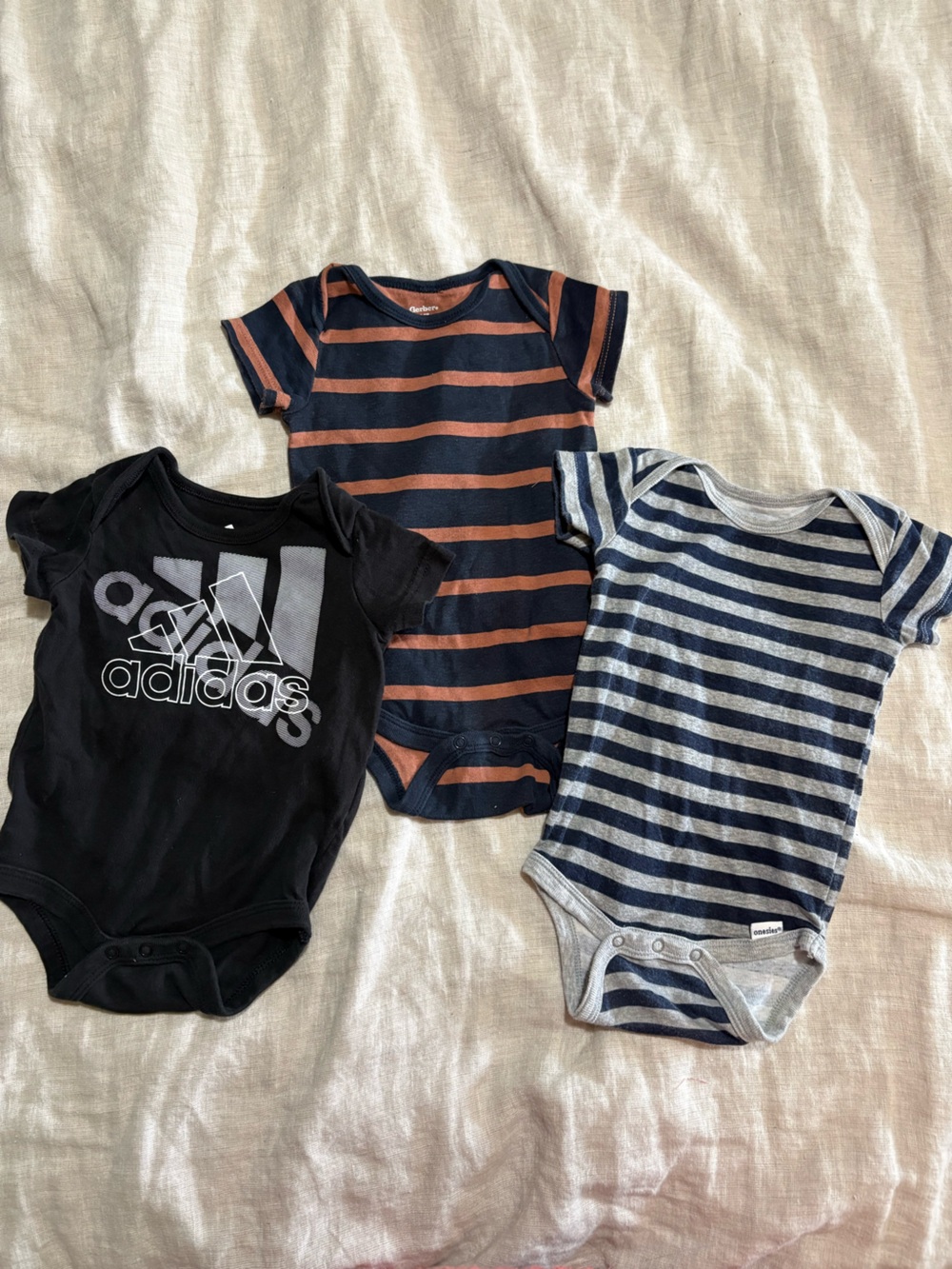 3-6 months Black Baby Bodysuit with Navy & Rust and Navy & Gray Striped Trio